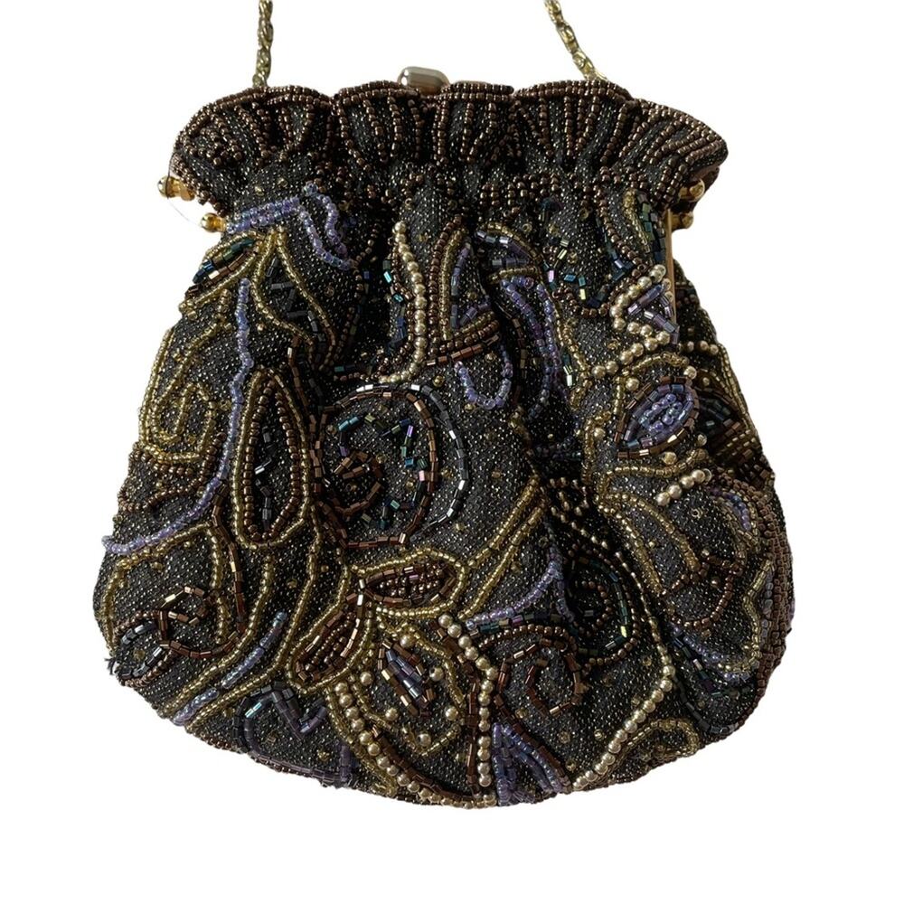 Vintage 1980s Beaded Evening Bag Kisslock Chain Strap Brown Purple Gold EUC - Picture 4 of 12